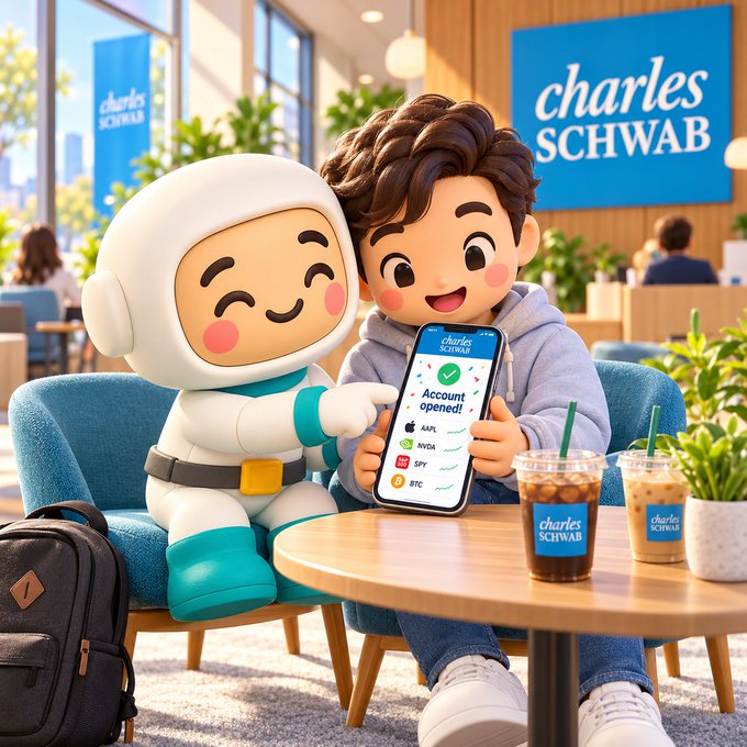 Stylized illustration of a boy showing his Charles Schwab account opening confirmation on a smartphone to an astronaut character at a cafe, with Charles Schwab branding visible on signs and coffee cups.