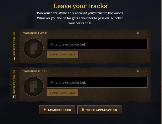 A dark digital interface titled 'Leave your tracks' asks for two voucher entries, instructing users to 'Write an X account you'd trust in the woods.' It includes two input fields for handles or x.com links with 'LOCK VOUCHER' buttons and links to a 'LEADERBOARD' and 'YOUR APPLICATION'.