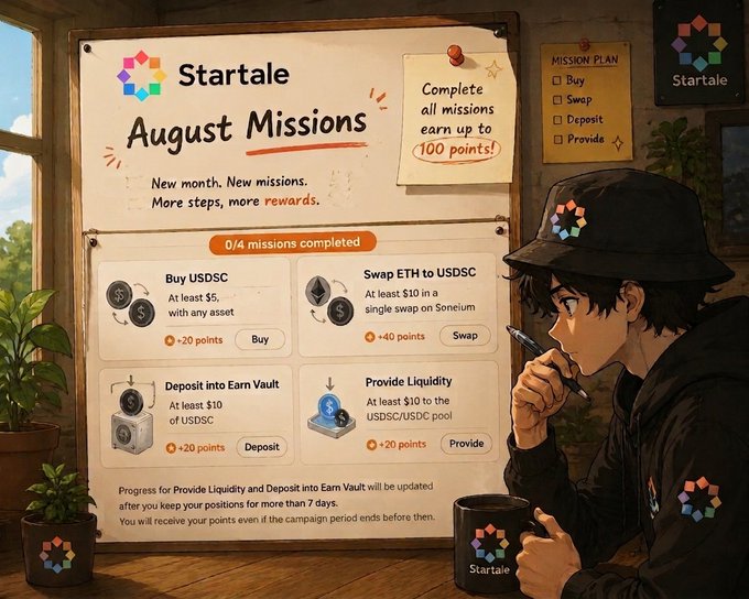 A promotional graphic for "Startale August Missions" displays a mission board featuring 4 available tasks—Buy USDSC ($5+ for +20 points), Swap ETH to USDC ($10+ for +40 points), Deposit into Earn Vault ($10 USDC for +20 points), and Provide Liquidity ($10+ to USDC/USDC pool for +20 points)—with a sticky note highlighting that completing all missions earns up to 100 points. An illustrated character in a Startale cap and hoodie thoughtfully studies the board with a coffee mug, visually reinforcing the post's message about exploring the Startale ecosystem through these monthly missions.