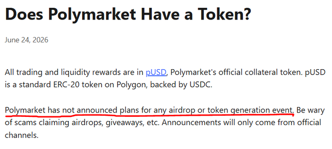 The image shows a Polymarket help article titled "Does Polymarket Have a Token?" (dated June 24, 2026), which explicitly states in red-underlined text: "Polymarket has not announced plans for any airdrop or token generation event," clarifying that all trading uses pUSD on Polygon. This directly contradicts the post's defense of a $POLY airdrop, as Polymarket officially denies any such plans while warning users about scams.