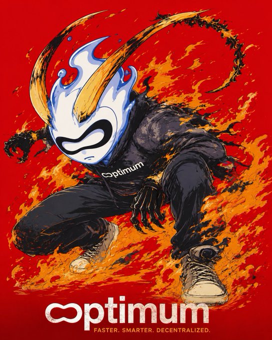 A dynamic comic-style illustration of a masked character in an Optimum-branded outfit emerging from flames against a red background, with the tagline 'optimum FASTER. SMARTER. DECENTRALIZED.'