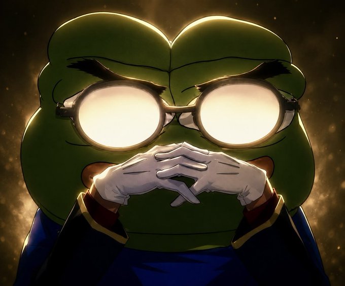 An anime-style illustration of a green frog character wearing sunglasses with white reflective lenses, holding its hands together in front of its face against a starry background.