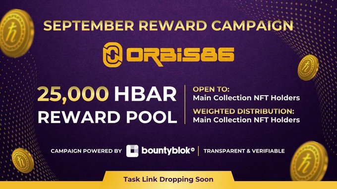 A promotional banner for a 'September Reward Campaign' by Coraises offering a 25,000 HBAR reward pool to Main Collection NFT Holders, powered by bountyblok.