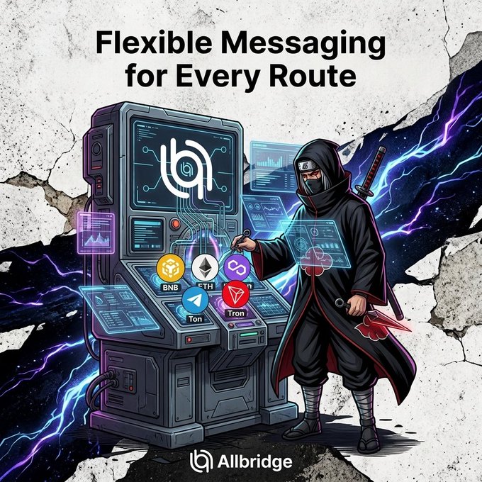 An advertisement for "Allbridge" titled "Flexible Messaging for Every Route" depicts a ninja-like figure standing next to a control console displaying cryptocurrency logos including BNB, ETH, Ton, and Tron.