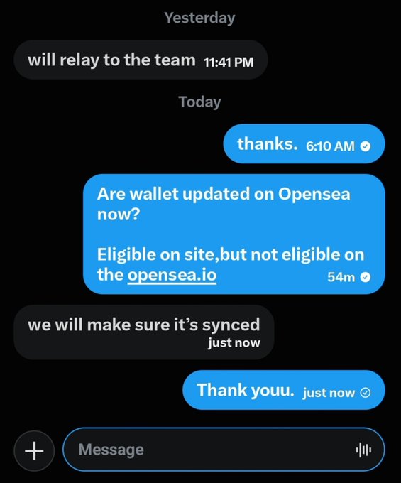 An iMessage conversation where someone asks 'Are wallet updated on Opensea now? Eligible on site, but not eligible on the opensea.io' and receives a response 'we will make sure it's synced'.