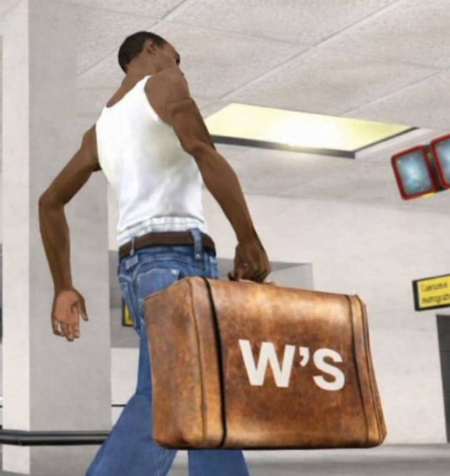A 3D rendered character of a muscular man in a white tank top and jeans walking through what looks like a school hallway, carrying a large brown briefcase with 'W'S' written on it.