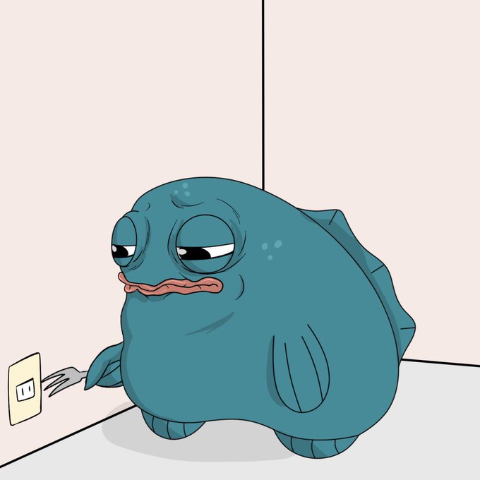 A sad-looking blue cartoon creature reluctantly unplugs a fork from an electrical outlet, symbolizing the bittersweet end of the "WEN Ferdy" meme era as shown in the caption. The image humorously conveys a sense of loss and finality toward the presale application mentioned in the post.