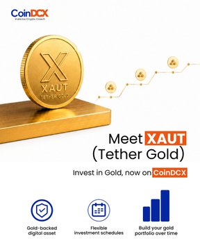 Introducing XAUT (Tether Gold), now available for investment on CoinDCX, allowing you to invest in gold with flexible schedules and build your gold portfolio over time. This image directly supports the post's announcement of XAUT's addition to CoinDCX's SIP product.