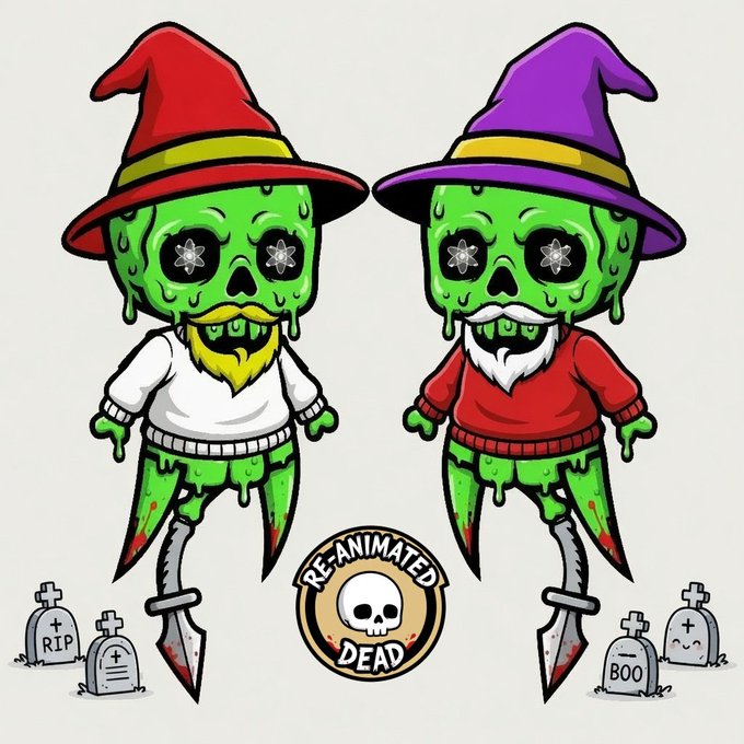 A cartoon-style illustration of two green zombie scarecrow-like figures wearing wizard hats (one red, one purple) with star eyes, accompanied by gravestones labeled 'RIP', 'BOO', and a 'RE-ANIMATED DEAD' skull logo.