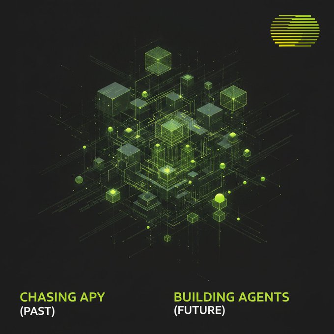 A dark graphic with green 3D cube and sphere illustrations, displaying the text "CHASING APY (PAST)" and "BUILDING AGENTS (FUTURE)" with a logo in the top right.