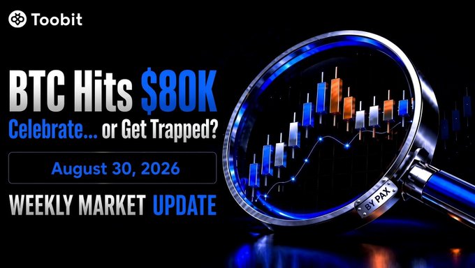 A 'Toobit' promotional graphic titled 'BTC Hits $80K - Celebrate... or Get Trapped?' for a Weekly Market Update dated August 30, 2026, featuring a candlestick chart visible through a magnifying glass.