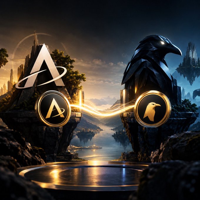 A fantasy digital artwork featuring two floating islands with golden cryptocurrency coins—one displaying the Aptos 'A' logo and the other an eagle emblem—connected by glowing energy streams against a dramatic sky.