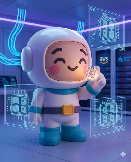 The image features a small cartoon character dressed as an astronaut with blue boots and a white helmet. The character is holding up a computer chip, possibly a microchip or a circuit board, which has a code written on it. The background of the image shows a computer screen displaying a blue neon sign that says "AWS". This suggests that the image might be related to a post about the company Amazon Web Services (AWS) and their use of AI chips in powering applications like Amazon Trainium or Microsoft Azure.