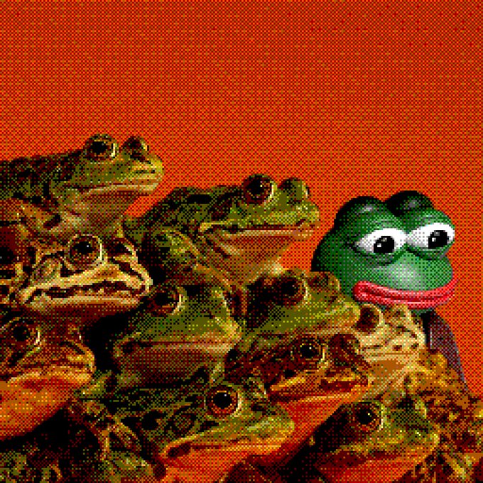 The image features a cartoon frog with green skin and red eyes standing next to a pile of other frogs. The background is an orange color that contrasts with the green frog. The caption reads "GM frens! Not like the others, $PEPE", which refers to the cartoon frog as a "fren" rather than a typical frog.