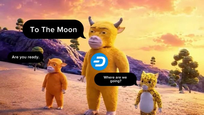 Three furry creatures (a bull, a cow, and a cheetah) stand in a desert landscape. Speech bubbles read 'To The Moon' and 'Are you ready' with the Digital Currency Group (DCG) logo displayed.