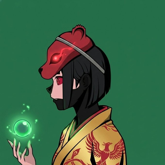 The image features a woman dressed in traditional Japanese clothing, holding a green crystal ball with both hands while wearing a red hat that has a face mask attached to it. The background of the image is a solid green color. The caption at the bottom of the image reads "The wait is finally over Mint details for kageonEth are now officially live Supply: 555 OG: Free Fcfs(WL): 3$ in Ethereum Public: 5$ in Ethereum Network: Ethereum Platform: Opensea Date: 19/06/2021 More details will be shared towards mint Be early Mint safely Join the".
