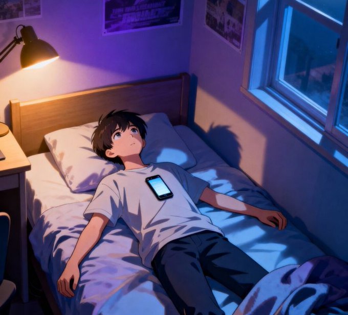 An anime-style illustration depicts a boy lying on a bed in a dimly lit room with a smartphone resting on his chest.