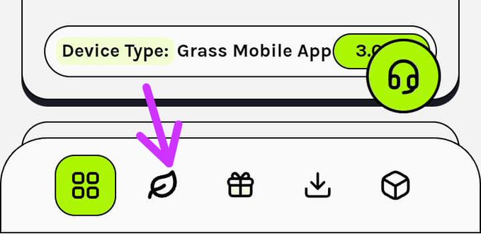 A screenshot of the Grass app dashboard showing the "Device Type: Grass Mobile App 3.0" label at the top, with a purple arrow pointing to the leaf-shaped "Allocation" tab in the bottom navigation bar, guiding users to click it and check their $GRASS Season 2 token rewards.