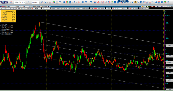 A daily candlestick chart of **#GOKNR (Güneş Sigorta)** trading around **18.40** on the Borsa Istanbul, showing a long-term descending channel with diagonal trendlines, recent support near the lower band around **16.49–13.38**, and an accompanying data box listing pivot points (PP: 20.21) and Fibonacci levels.