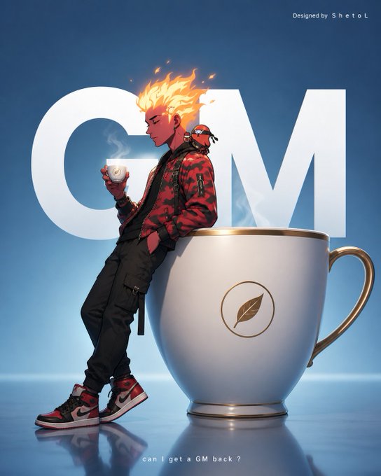 The image features a man sitting next to a large cup of coffee with a flame coming out of his head. The background is blue, which complements the white text that reads "GOM" above the man's head. There are also some words related to cryptocurrency and wallet addresses in the image, such as "can get a GM back 7", indicating a connection between the man sitting next to the coffee cup and the post about getting a GM back.