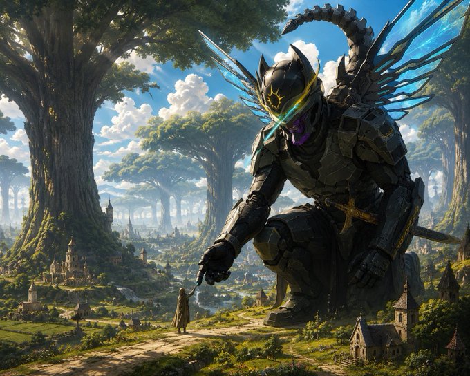Fantasy artwork depicting a massive black armored warrior with a horned helmet and glowing blue wings kneeling before a small cloaked figure in a lush valley with towering trees and medieval villages.