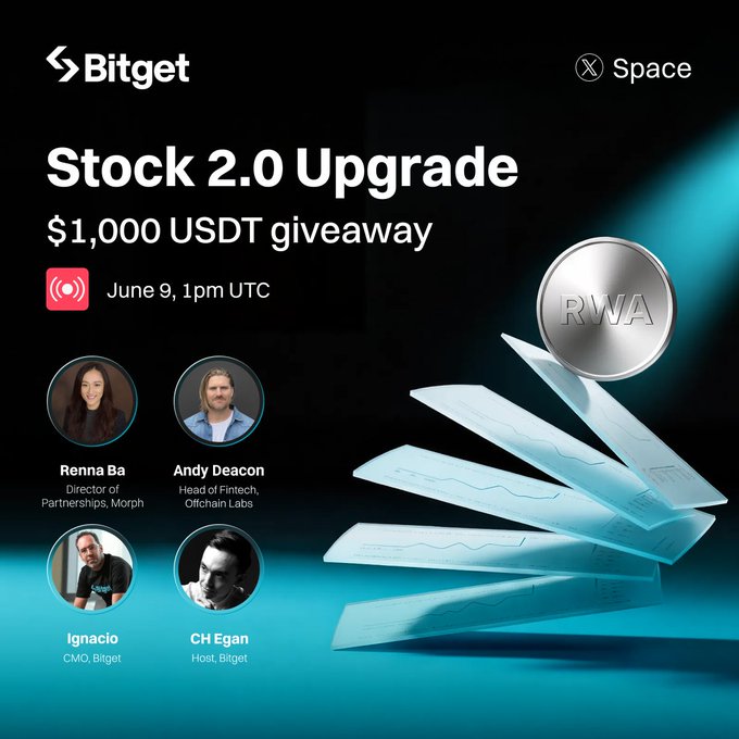 The image is an advertisement for the Stock 2.0 upgrade, featuring a silver coin with an RDV logo. The image shows a group of people watching the presentation or listening to a podcast related to the stock market. There are five people visible in the image, located at various positions from left to right and top to bottom. One person is situated close to the top edge of the frame, another is near the center-left corner, while the last two individuals are on the right side of the image, one slightly lower than the other. The text above the coin reads "Ready to hear what'S new on Bitget Stocks ... x.com/i/spaces/1OGwb (50 winners × 20 USDT)".