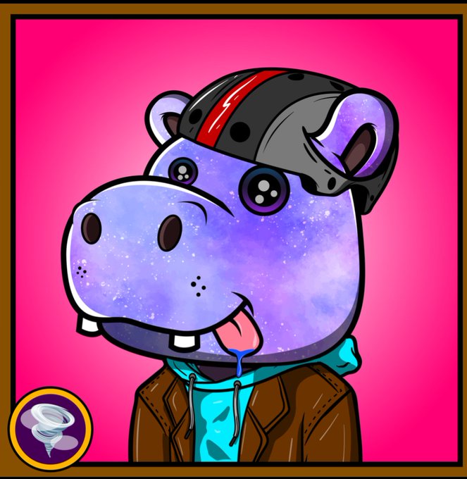 A cartoon hippo with a galaxy-patterned purple body wearing a brown jacket and backwards cap sticks out its tongue against a bright pink background, with a small "H" logo in the corner—fittingly representing the playful, meme-style spirit of the #HeepowBonanza celebration for the $HeePow community.