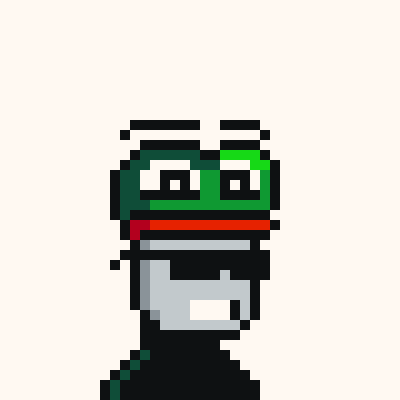 A pixel art portrait of a character with green and black hair, wearing square glasses and a wide smile.