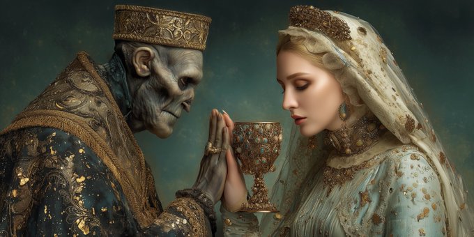 A dark fantasy illustration shows an elderly crowned king and a young veiled queen in ornate gold-embellished attire, both holding hands over a jeweled golden goblet.