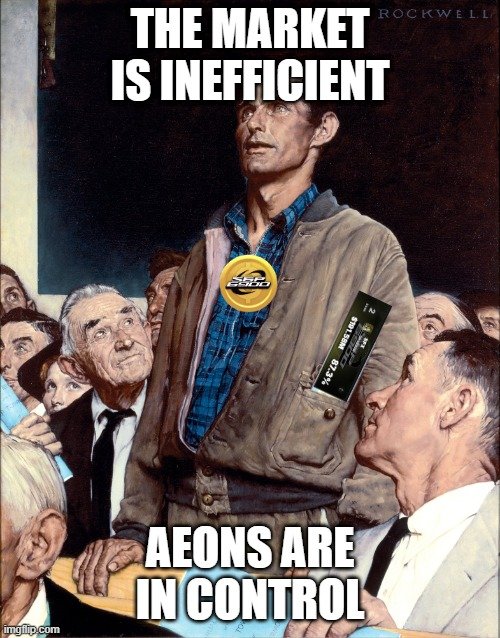 Meme based on the Rockwell painting 'Freedom from Want,' featuring a central man with a 'Doge' coin on his jacket and a 'Doge Like' book in his pocket, with bold white text reading 'THE MARKET IS INEFFICIENT' at the top and 'AEONS ARE IN CONTROL' at the bottom.