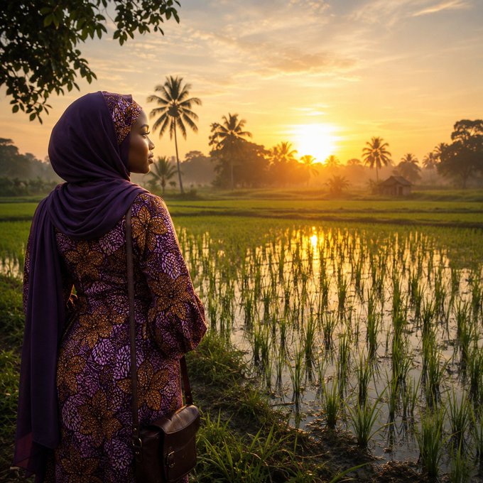 A woman wearing a purple hijab and a purple and gold patterned dress stands in profile, looking out over a flooded green rice paddy field at sunset, with palm trees silhouetted against the golden sky.