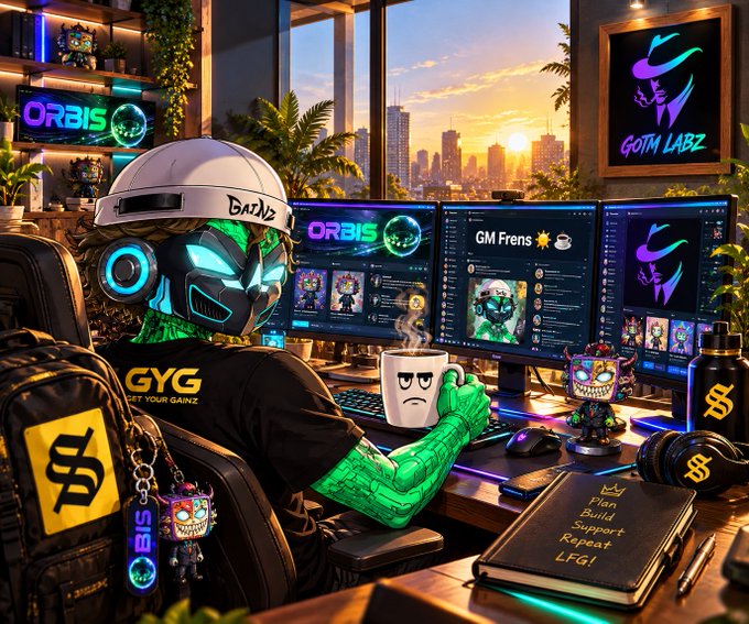 A vibrant digital artwork titled 'GYM LABZ' featuring a green reptilian humanoid character wearing headphones, working at a multi-monitor gaming setup with 'ORBIS' branding and a notebook reading 'Plan, Build, Support, Repeat, LFG!'.