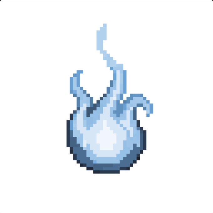 A pixel art drawing of a blue water droplet surrounded by swirling light blue flames or waves against a white background.