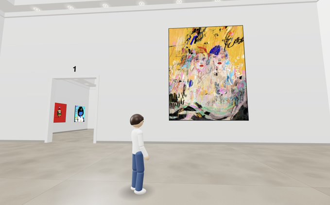 A 3D-rendered virtual gallery showing a small figure looking at an abstract expressionist painting with colorful figure-like forms on a yellow background.
