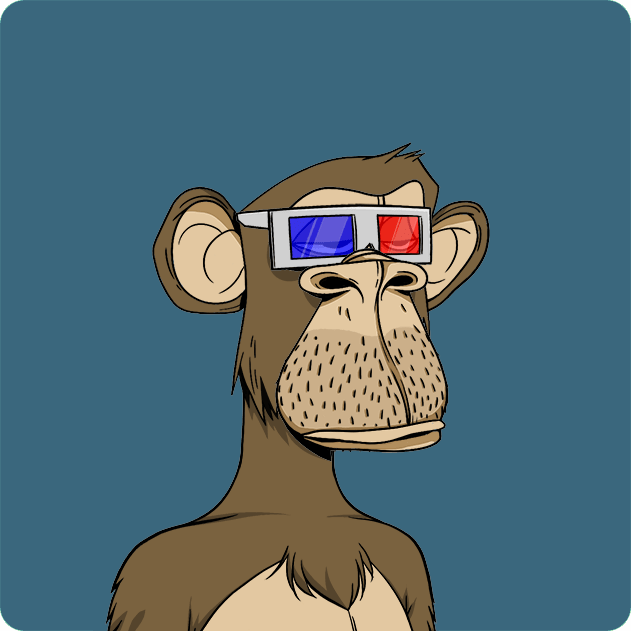 A digital illustration of a Bored Ape wearing red and blue 3D glasses, representing the Bored Ape Yacht Club NFT collection. The image visually reflects the "Return to Monke" theme mentioned in the post, showcasing the ape character from the collection purchased by machibigbrother.eth.