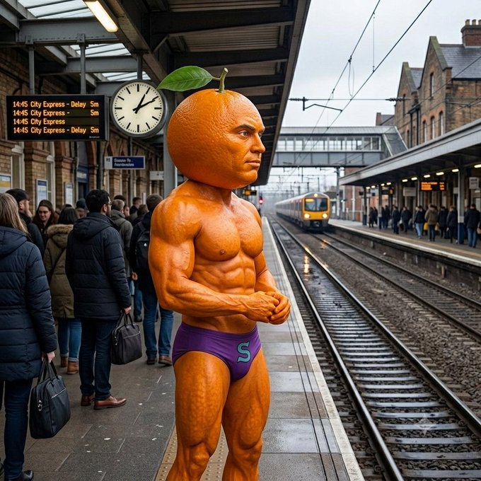 A muscular figure with an orange for a head stands confidently on a train platform as a "14:45 City Express" train approaches, with a departure board listing the delayed 14:45 City Express service visible behind them. The image symbolizes patience and eventual arrival, reinforcing the message that $Udin's success is inevitable—it's only a matter of time before the train (and the token) pulls into the station.
