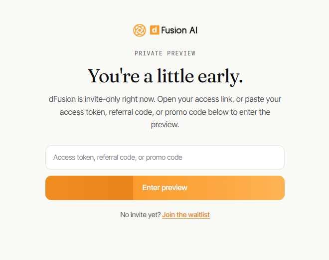 A dFusion AI private preview login screen displays the heading "You're a little early" with instructions to enter an access token, referral code, or promo code, along with an "Enter preview" button and a "Join the waitlist" link—visually reinforcing the post's message that access is invite-only and subnet slot operators are prioritized ahead of the public queue.