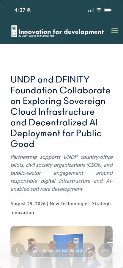 A mobile webpage screenshot of a UNDP article titled 'UNDP and DFINITY Foundation Collaborate on Exploring Sovereign Cloud Infrastructure and Decentralized AI Deployment for Public Good,' dated August 25, 2026.