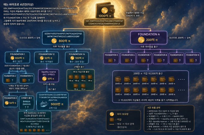 The image displays a Korean-language hierarchical diagram of a Bitcoin/cryptocurrency wallet distribution tree, starting from a genesis wallet holding "1000억 π" (100 billion pies) and branching down through four FOUNDATION levels, with addresses like GDL35MYH4XX2KH4T5AILQQC2FN4NIOQF2QNKXKX74R2B2XHWWWQ4SFU4 and GCDIVYVE53TKHVP37J7N7YU4ZA52YQE36FWZ3W2TMSZXZJJ6BDXSSQRF visible, ultimately distributing 200π to each of 10,000 recipients—matching the post's description of the original 100 billion pie wallet splitting into two descendant wallets.
