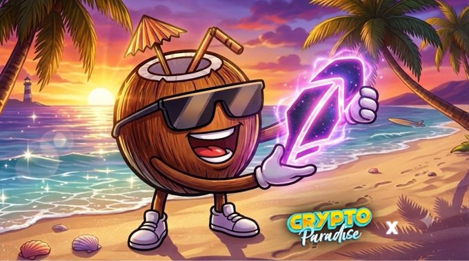 An anthropomorphic coconut wearing sunglasses and a cocktail umbrella stands on a tropical beach at sunset, magically conjuring a cosmic portal with the "Crypto Paradise" logo displayed below. The image visually celebrates the announcement that SURF token is heading to Robinhood Chain, with the beach scene and palm trees nodding to the "Crypto Paradise" branding.