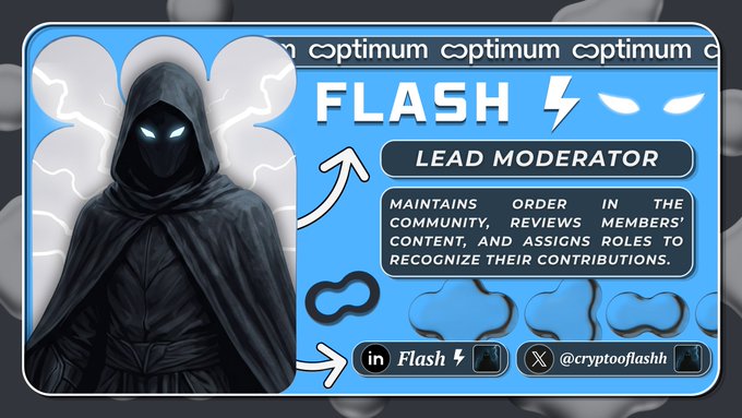 A blue-toned promotional graphic introducing 'FLASH' as a Lead Moderator, featuring a hooded figure with glowing blue eyes and handles '@cryptooflashh'.