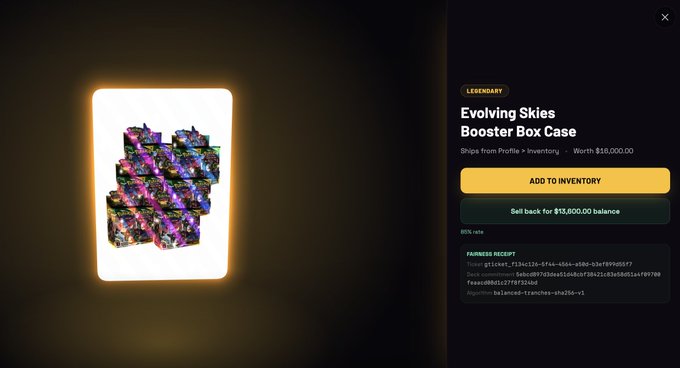 A marketplace listing for a 'LEGENDARY Evolving Skies Booster Box Case' from Inventory, worth $18,000.00, with options to add to inventory or sell back.