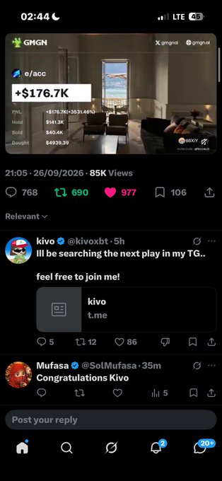 A mobile screenshot of the X (formerly Twitter) app showing a GMGN token post for 'e/acc' at '+$176.7K' with 85K views, followed by a post from 'kivo' (@kivoxbt) promoting a t.me link and a congratulatory reply from 'Mufasa' (@SolMufasa).