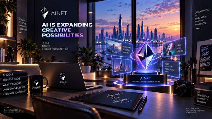 A promotional graphic for 'AINFT' with the headline 'AI IS EXPANDING CREATIVE POSSIBILITIES,' depicting a futuristic workspace with floating holographic panels and an Ethereum-style diamond logo over a cityscape.