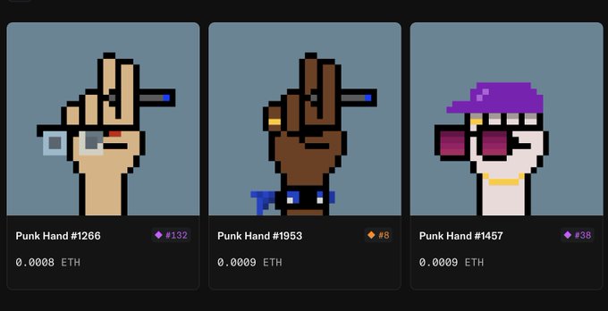 A digital marketplace listing three pixel-art 'Punk Hand' NFTs (#1266, #1953, #1457) for sale at prices ranging from 0.0008 ETH to 0.0009 ETH.