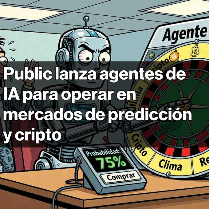 A cartoon illustration of a robot at a casino-style table with a spinning wheel, accompanied by Spanish text reading 'Public lanza agentes de IA para operar en mercados de predicción y cripto' and a probability display showing '75%'.