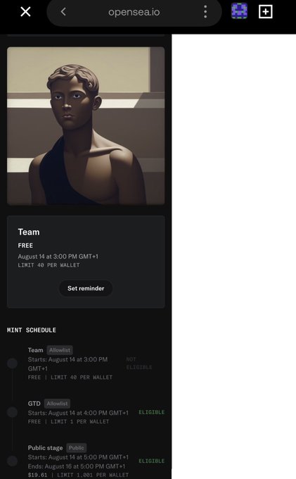 The image shows an OpenSea minting page on opensea.io featuring a digital artwork of a dark-haired figure in a tank top, with a "Team" mint option (Free, limit 40 per wallet) and a "Set reminder" button. Below, the Mint Schedule lists Team (August 14 at 3:00 PM GMT+1, NOT ELIGIBLE), GTD (August 14 at 4:00 PM GMT+1, FREE, limit 1 per wallet, ELIGIBLE), and Public stage starting August 14 at 5:00 PM GMT+1 (ending August 16 at 5:00 PM GMT+1, $19.61, limit 1,001 per wallet, ELIGIBLE). This confirms the post's mention of being eligible for the free GTD mint while awaiting the $20 public stage.