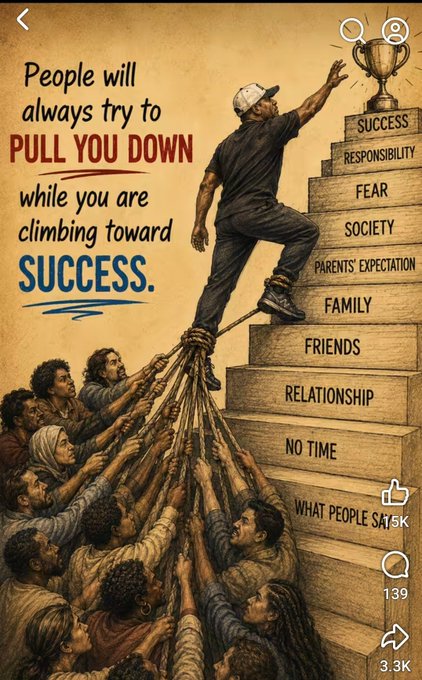 The image features a poster with a man climbing up a ladder, surrounded by people holding ropes that are pulling him upwards. The caption of the poster reads "People will always try to pull you down while you are climbing toward success." This message is related to the post about social media and its impact on our lives, as it highlights how people can sometimes try to bring others down or discourage them from achieving their goals.

The image also includes a hashtag (#3k) at the bottom of the poster, which could be used for sharing this content with others who might find it helpful or inspiring.