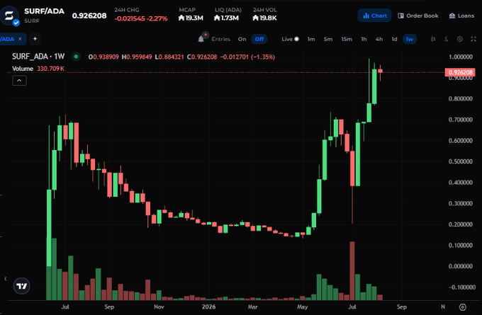 A weekly candlestick chart for SURF/ADA on Cardano shows a sharp bullish rally from roughly $0.20 in May to a recent high near $0.96, with current price at 0.926208 ADA (24H: -2.27%) and 1W: -1.35%, supporting the post's bullish outlook ahead of a potential DeFi-driven surge.