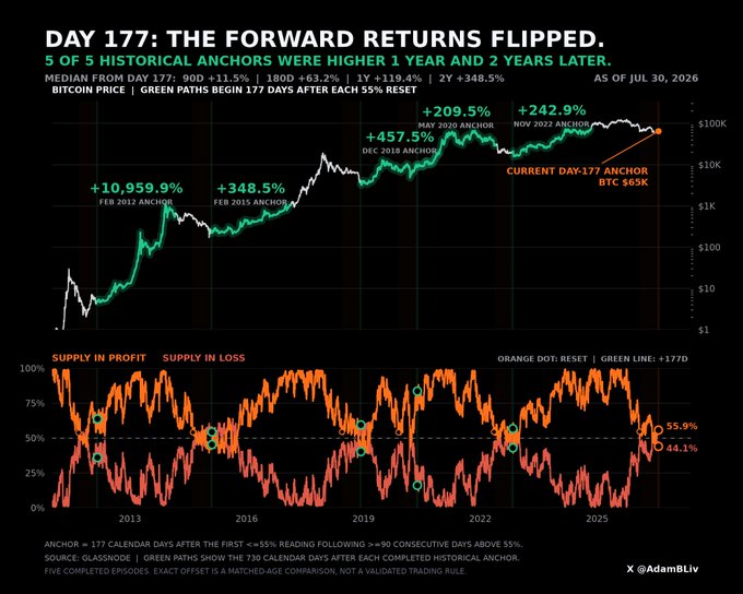 A detailed Bitcoin price chart titled "DAY 177: THE FORWARD RETURNS FLIPPED" by @AdamBLiv, showing historical anchors and supply in profit/loss from 2013 to 2025, with the current anchor at $65K.